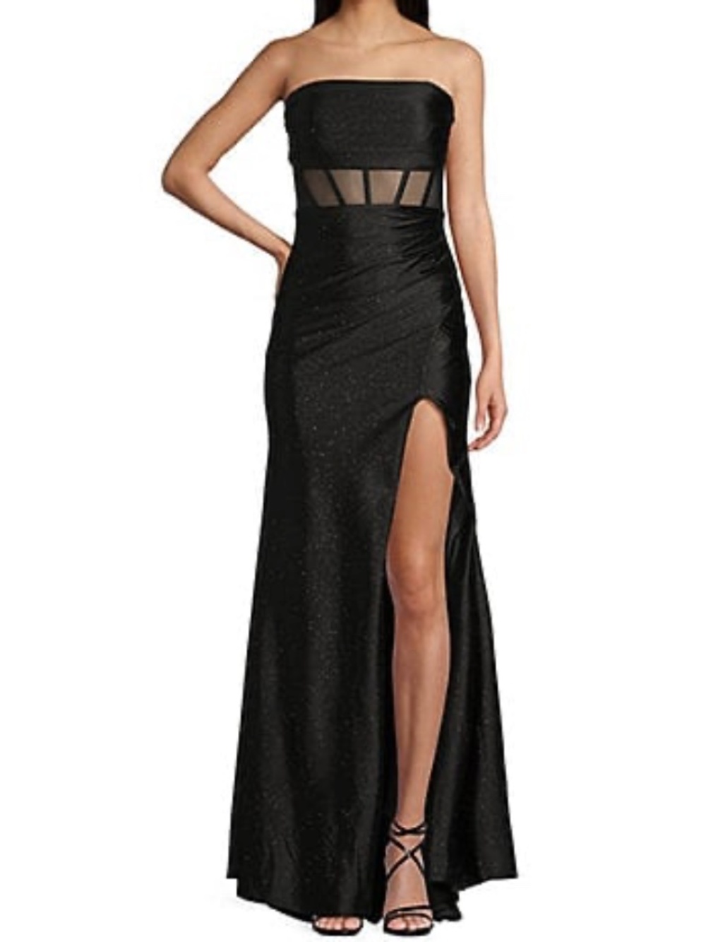Honey & Rosie | Black Glitter Strapless Mesh Illusion Corset Side Slit Dress- M